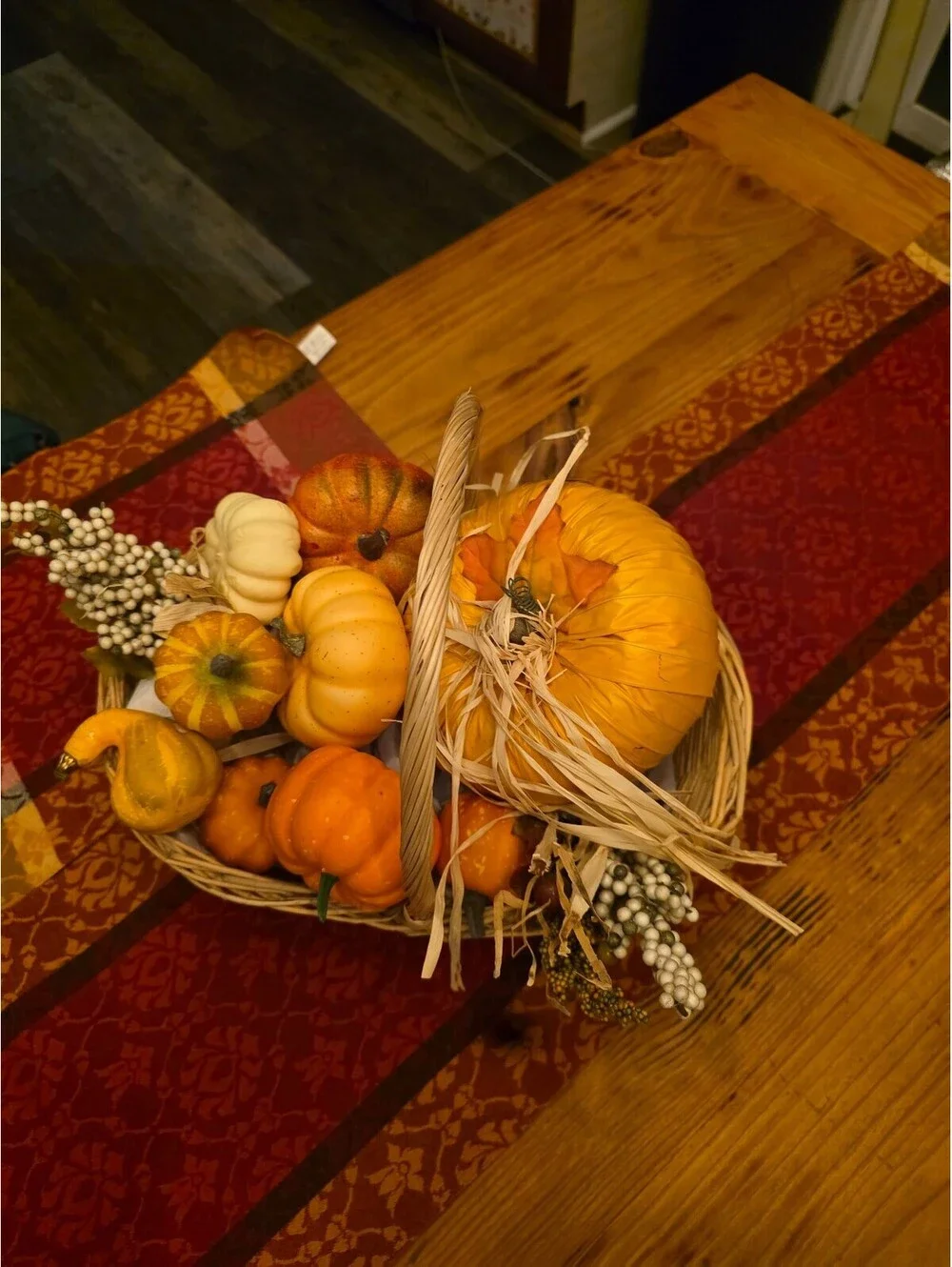 Decorative Basket with Mini Pumpkins and Gourds table runner & placemats